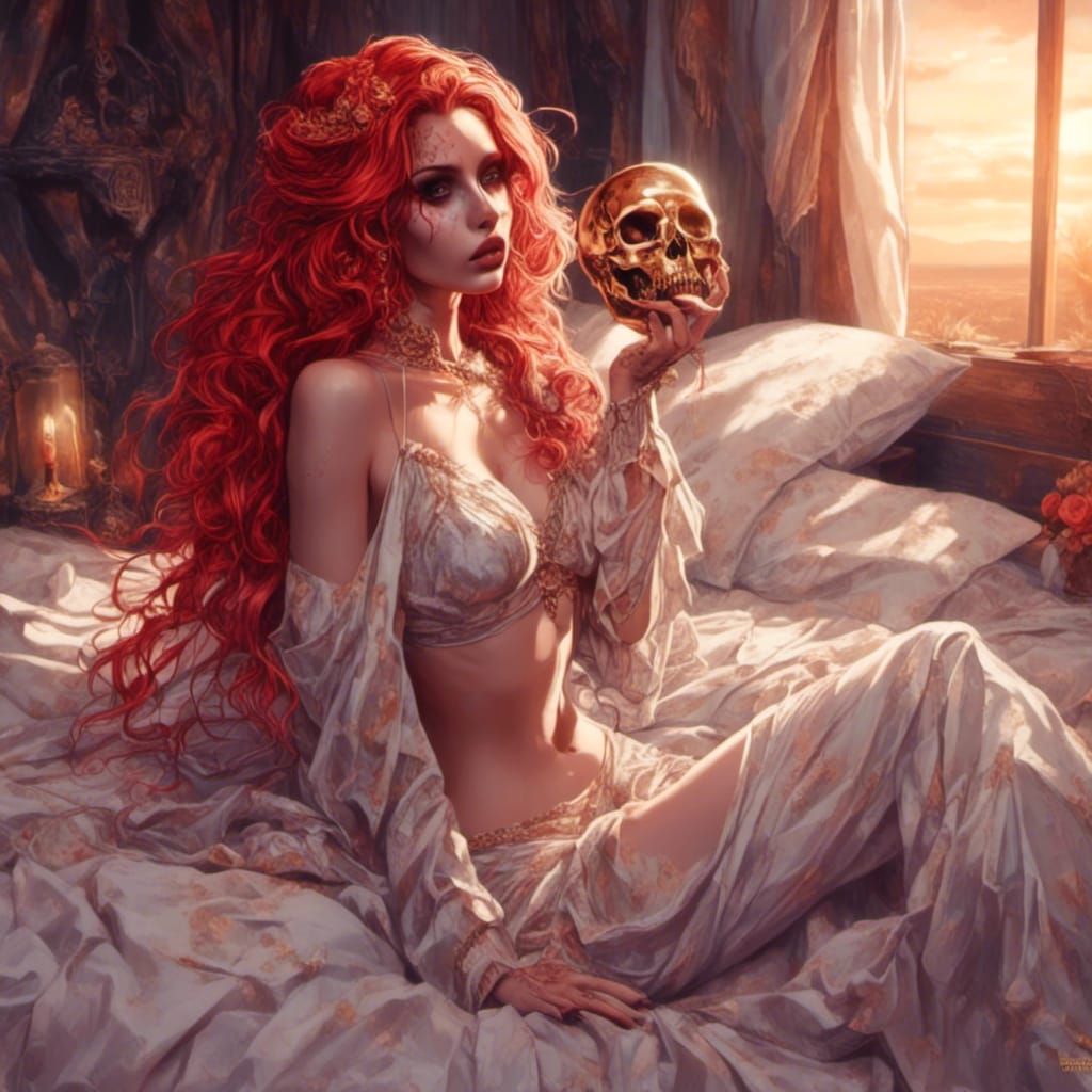 Mexican Woman with Red Hair in Bedroom