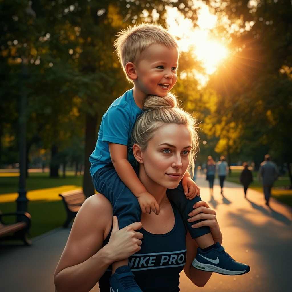 Joyful Boy Rides Woman's Shoulders in Golden Hour Park