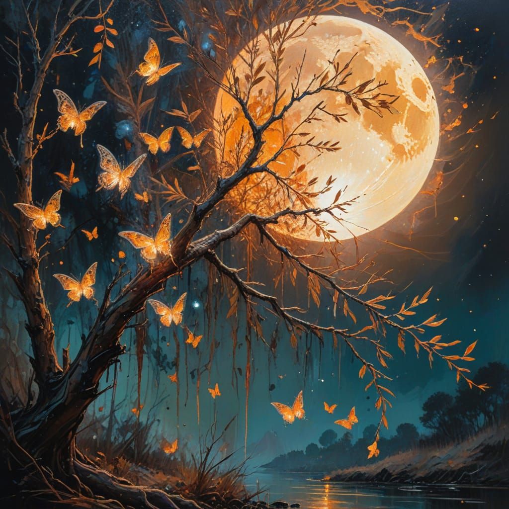 Glowing Moon Drinking at Spring: Impressionist Gouache