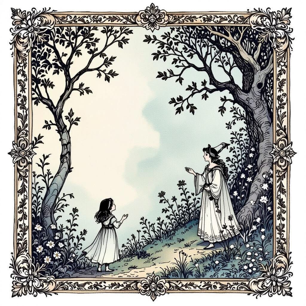 Whimsical Fairytale Illustration in Arthur Rackham Style