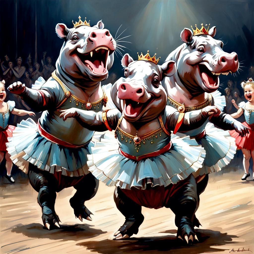 Adorable Ballerina Hippos Laughing in Circus Setting