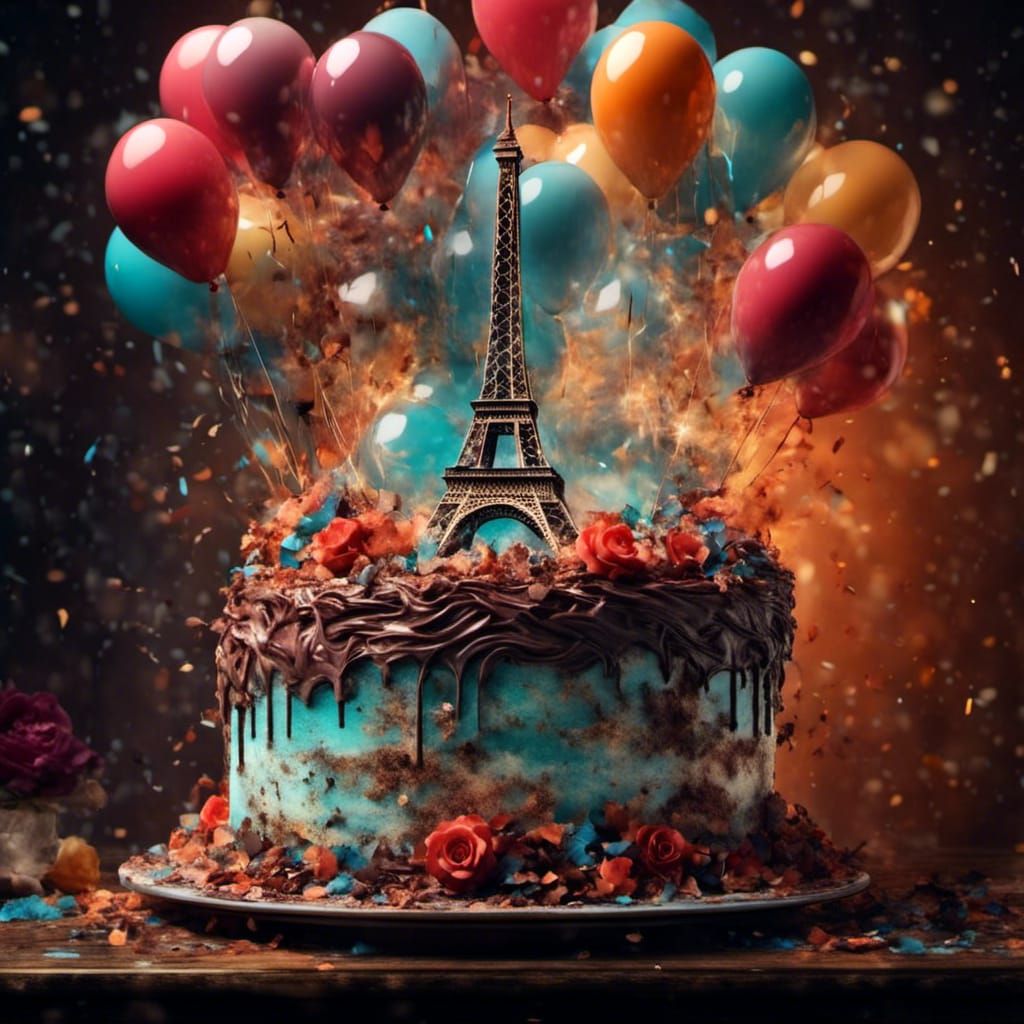 Digital Double Exposure: Eiffel Tower, Balloons, and Cake