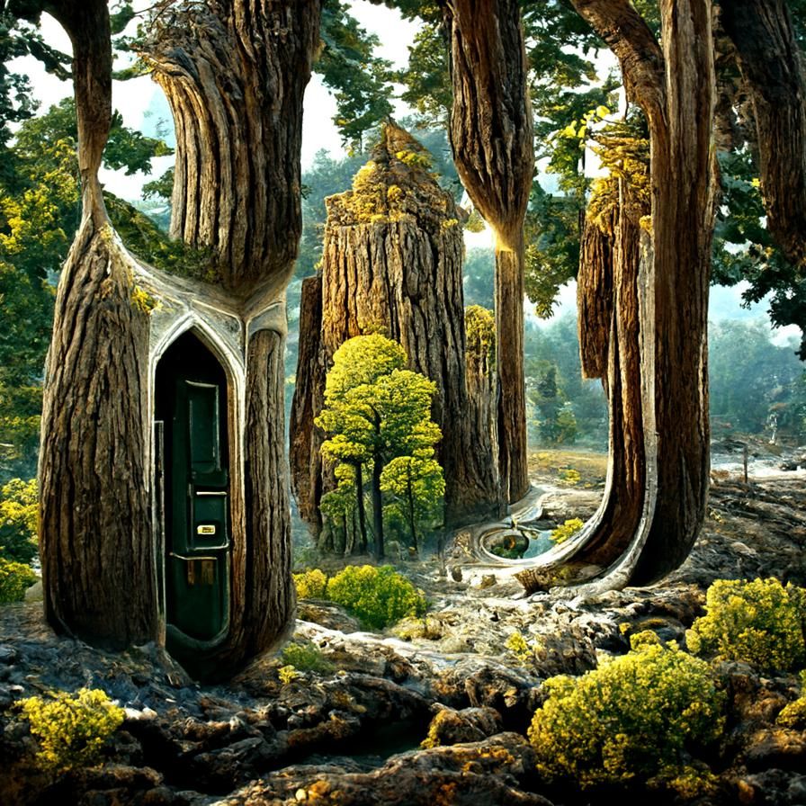 Mystical Sequoia Forest with Doors, Surrealist Painting