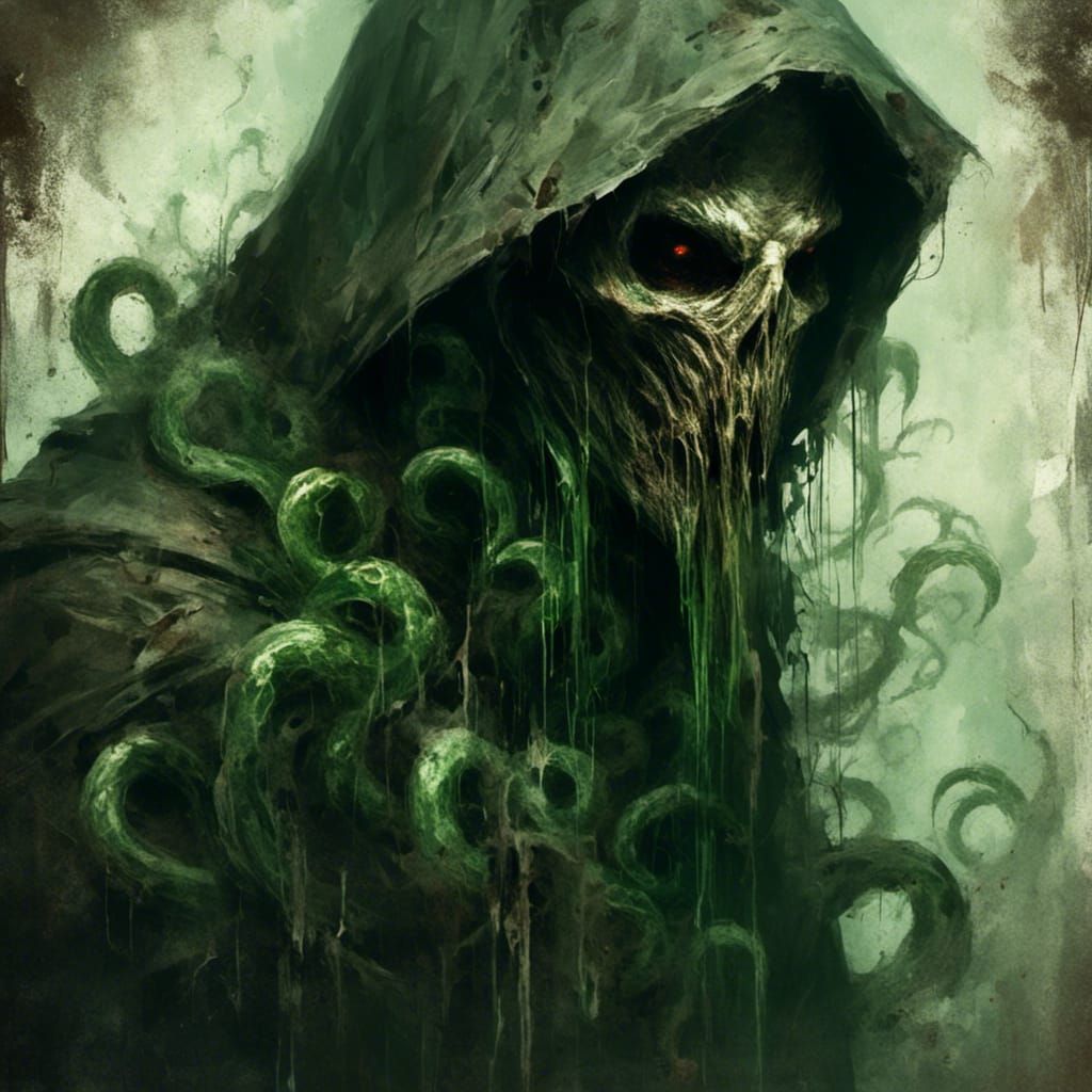 Macabre Cloaked Figure with Green Tentacles