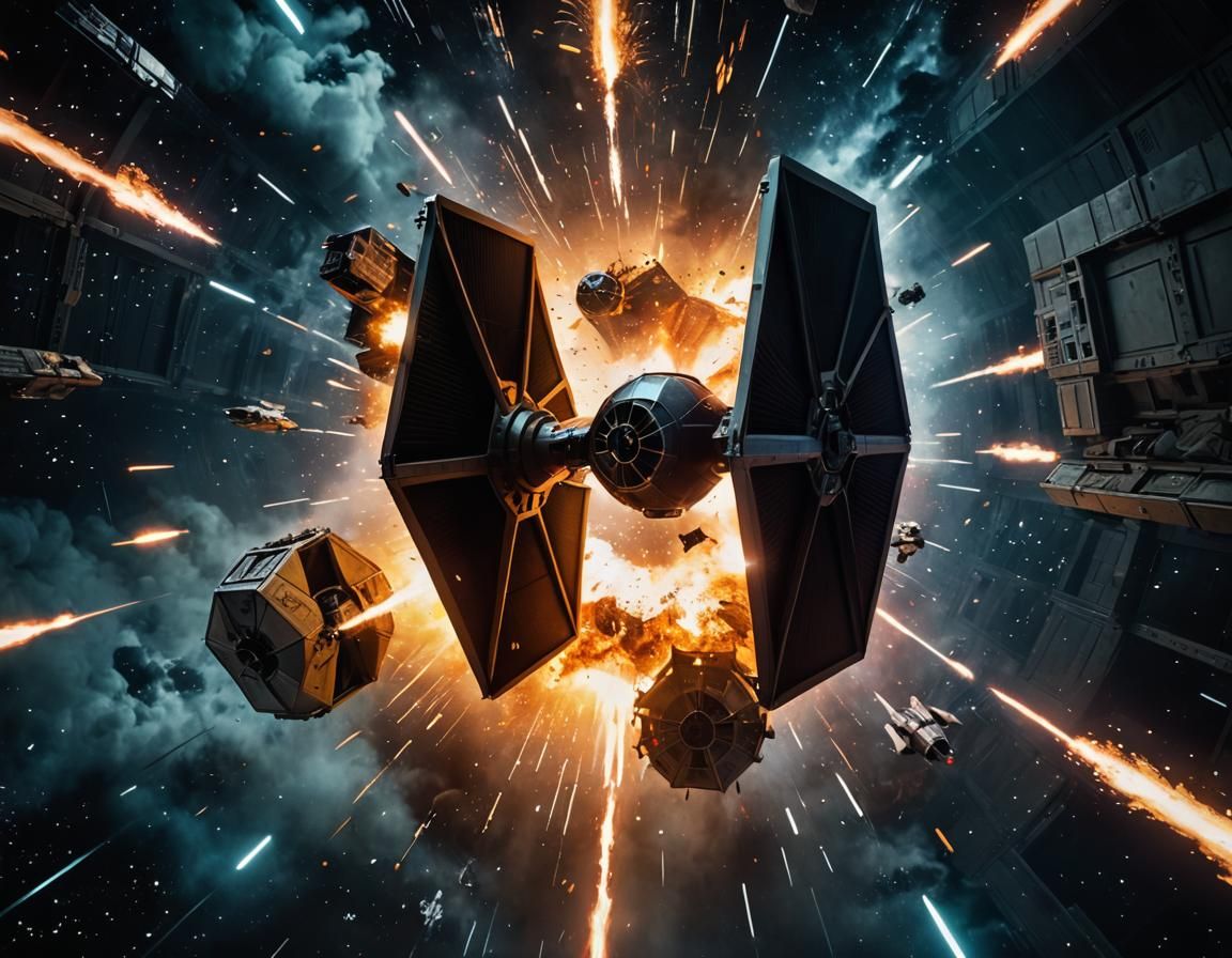 Deep space, Exploding StarWars (deathstar:1.5). 


Burning StarWars (Tie-fighter:1.5)

Cinematic film still, shot on v-r...
