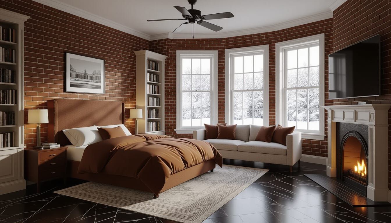 Vibrant Victorian Bedroom with Snowy Landscape View