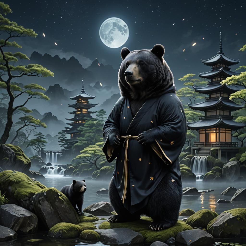 Wise Bear in Zen Garden: Hyper-Realistic Digital Art