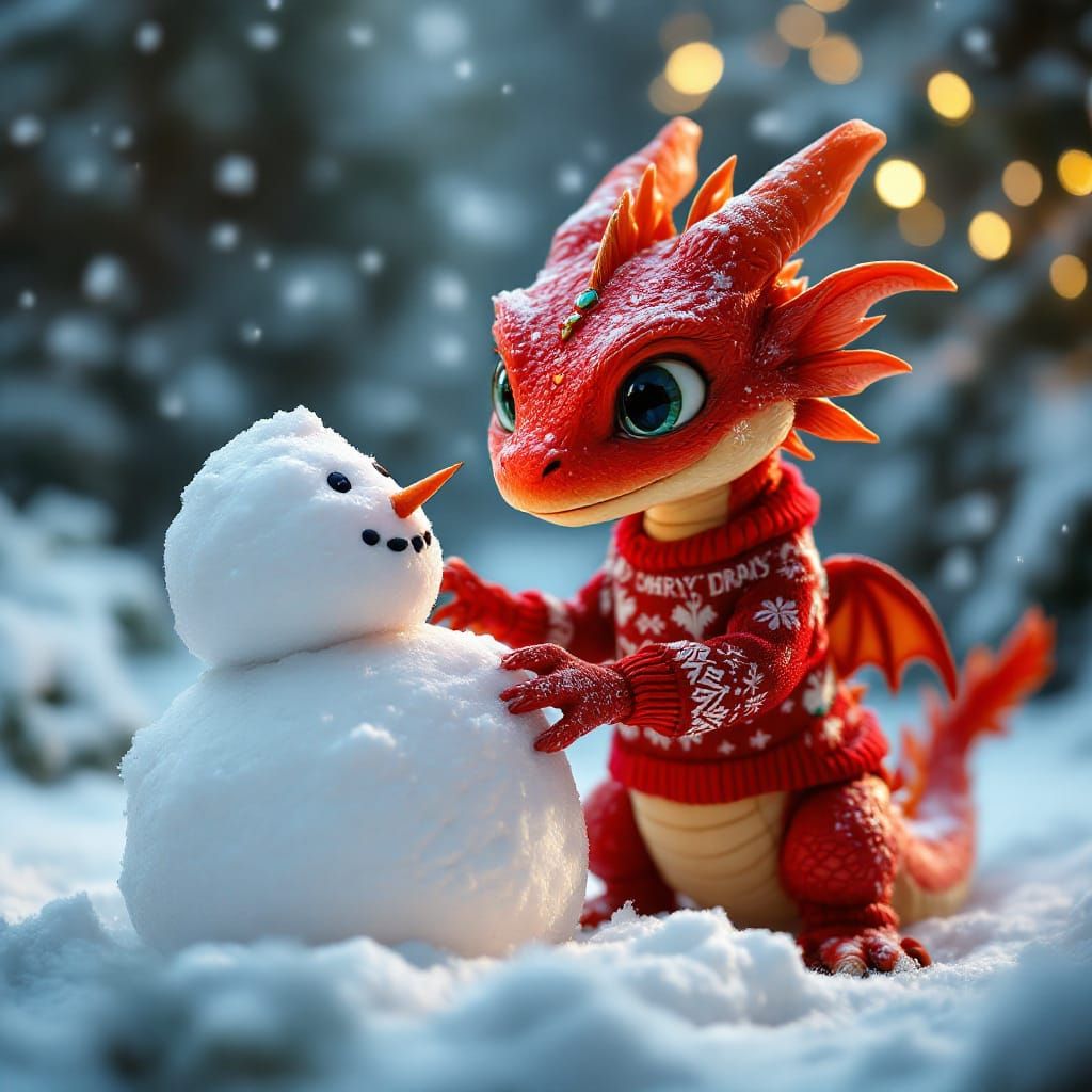 Baby Red Dragon Builds Snowman in Snowy Wonderland