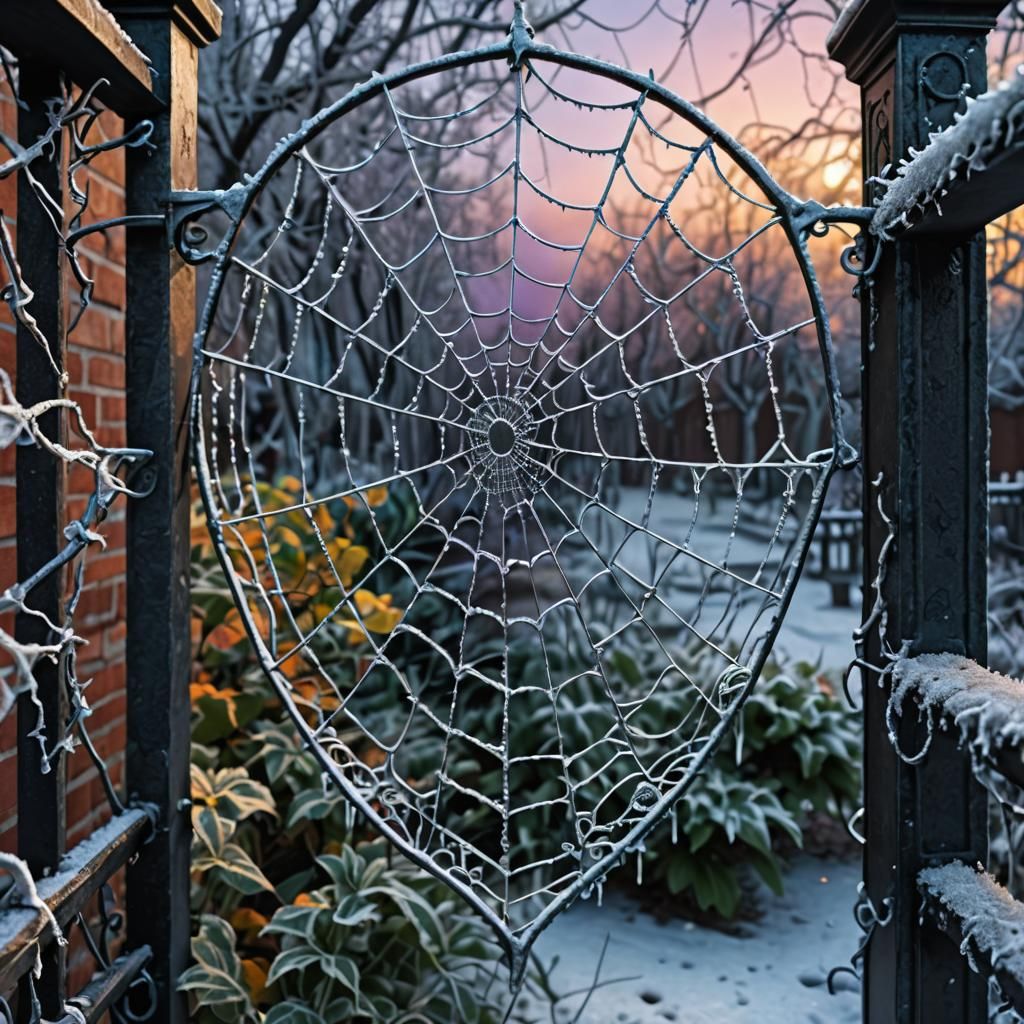 Icy Spiderweb on Wrought Iron Gate in Aurora Lights