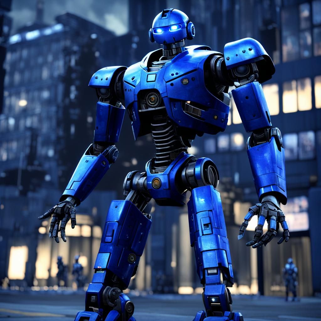Deep Blue Droid in Sci-Fi City with Glowing Eyes