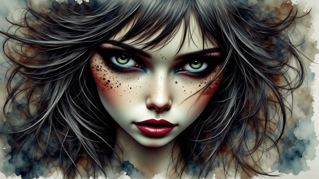 Surreal Femme Fatale in Gritty Antique Watercolor