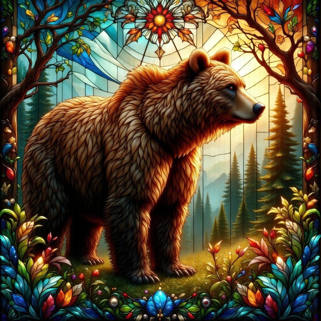 Stained Glass Bear in Vibrant, Whimsical Landscape