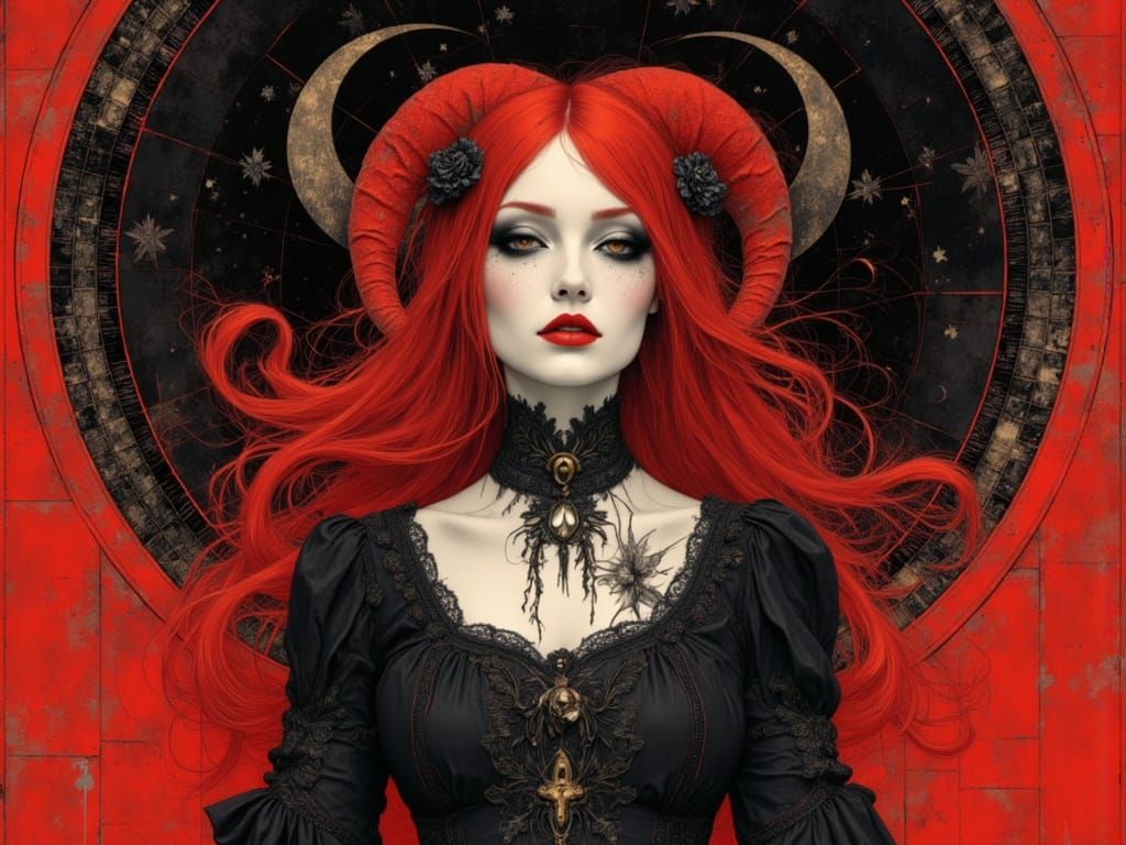 Pop Art Portrait of Dark Aries Woman with Red Hair