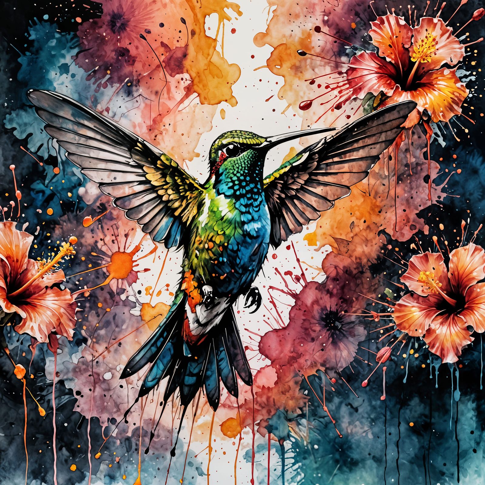 Epic Colibri in Watercolor Ink Splatter Sunset