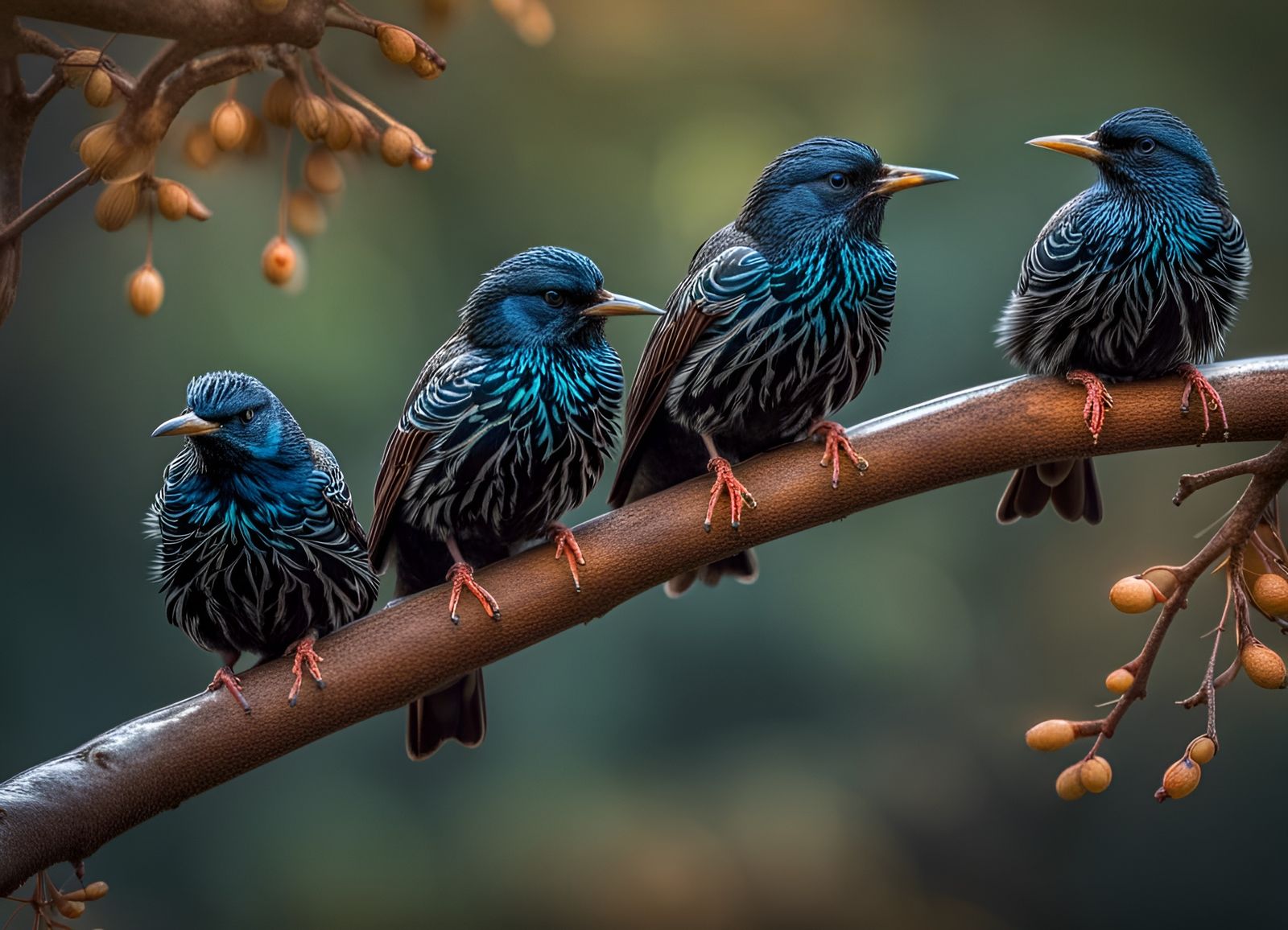 cute starlings on a branch.