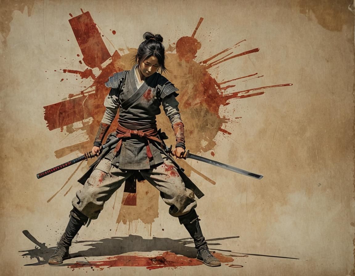 Female Samurai Warrior in Mixed Media Collage