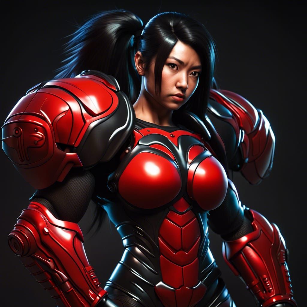 Muscular Woman in Glowing Red Power Armor