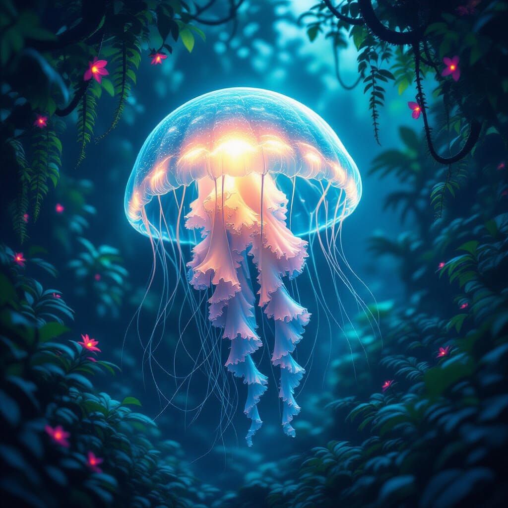 Bioluminescent Jellyfish in Alien Jungle Twilight