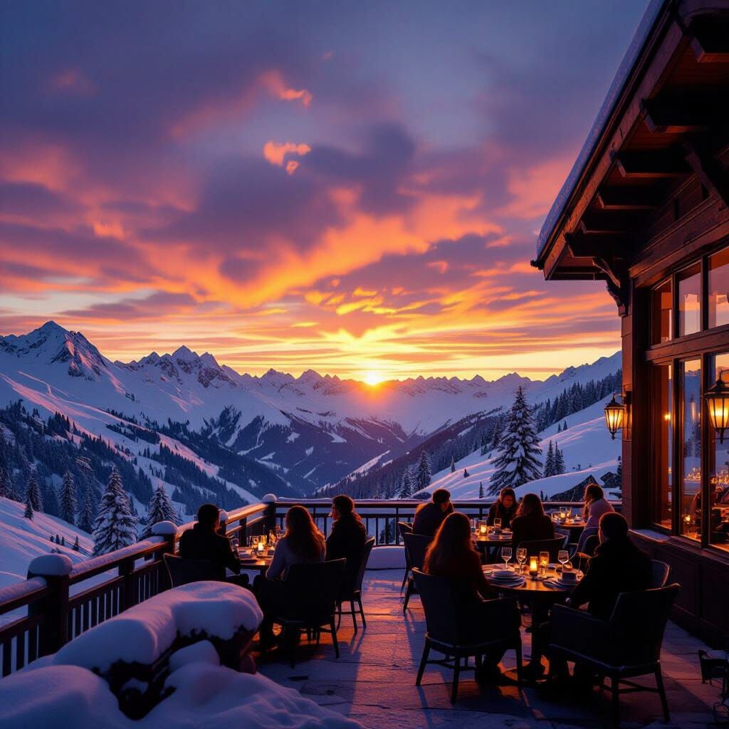 Luxury Ski Resort Terrace at Sunset