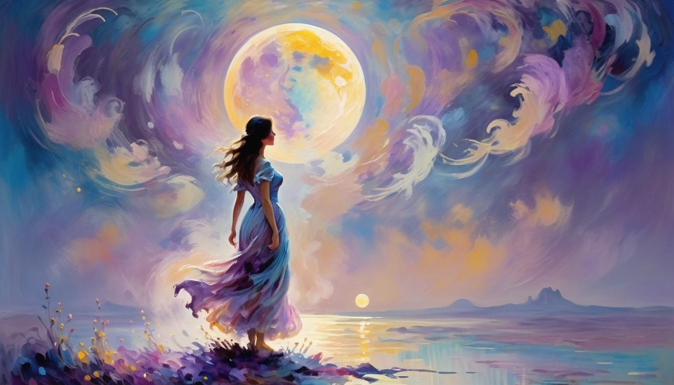 Impressionist Woman Beneath a Glowing Moon