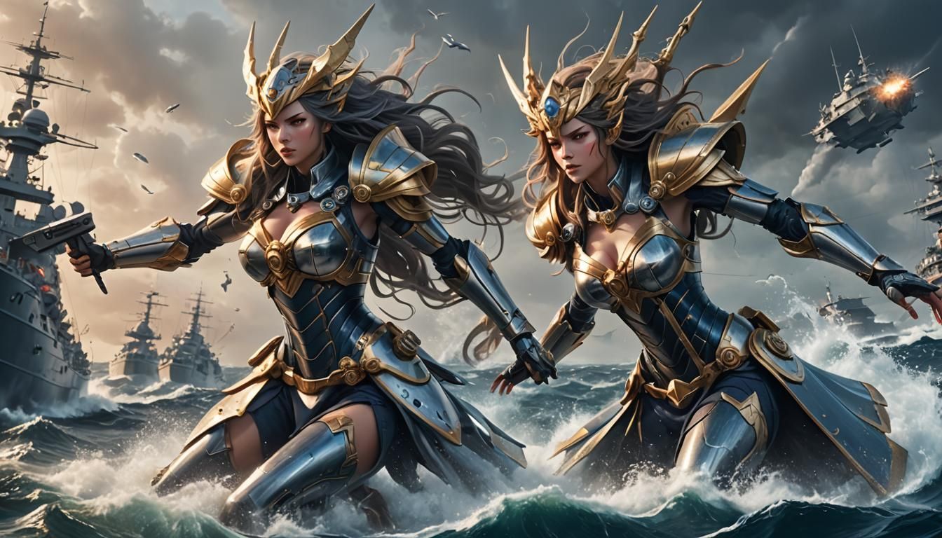 Dynamic Warship Waifus Clash on Open Ocean