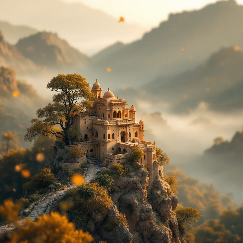 Miniature Rajasthan Palace Overlooking Village in Golden Lig...