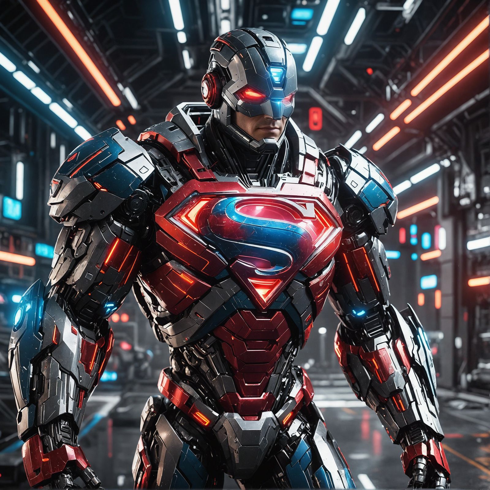 Futuristic Superman in Neon Sci-Fi Style