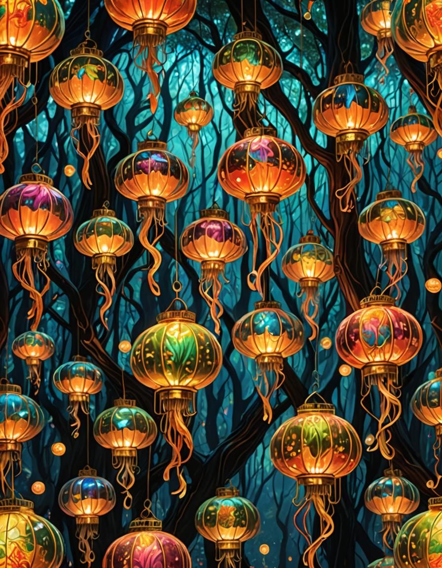Luminous Jellyfish Lantern Forest in Maximalist Style