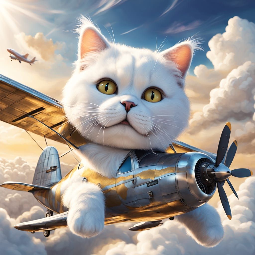 Giant Cat Plays with Airplane in Dreamy Sky