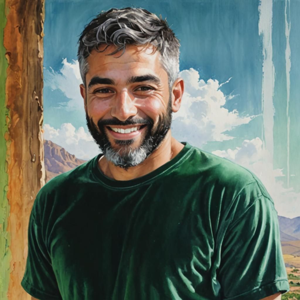 Smiling Arab Man with Silver Hair, Impasto Watercolor