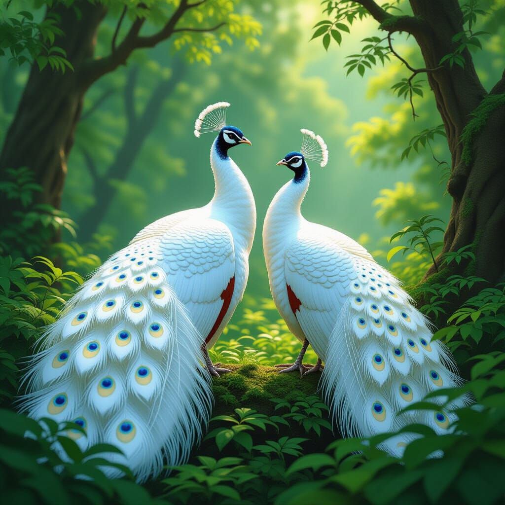 White Peacocks in Lush Forest: Ultra-Realistic Digital Art