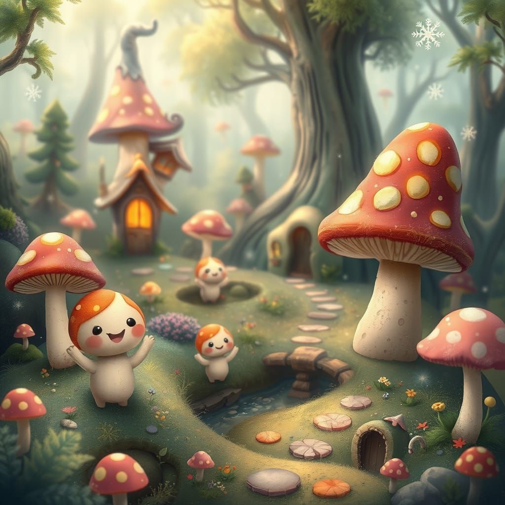 Whimsical Mushroom Village in Enchanted Forest