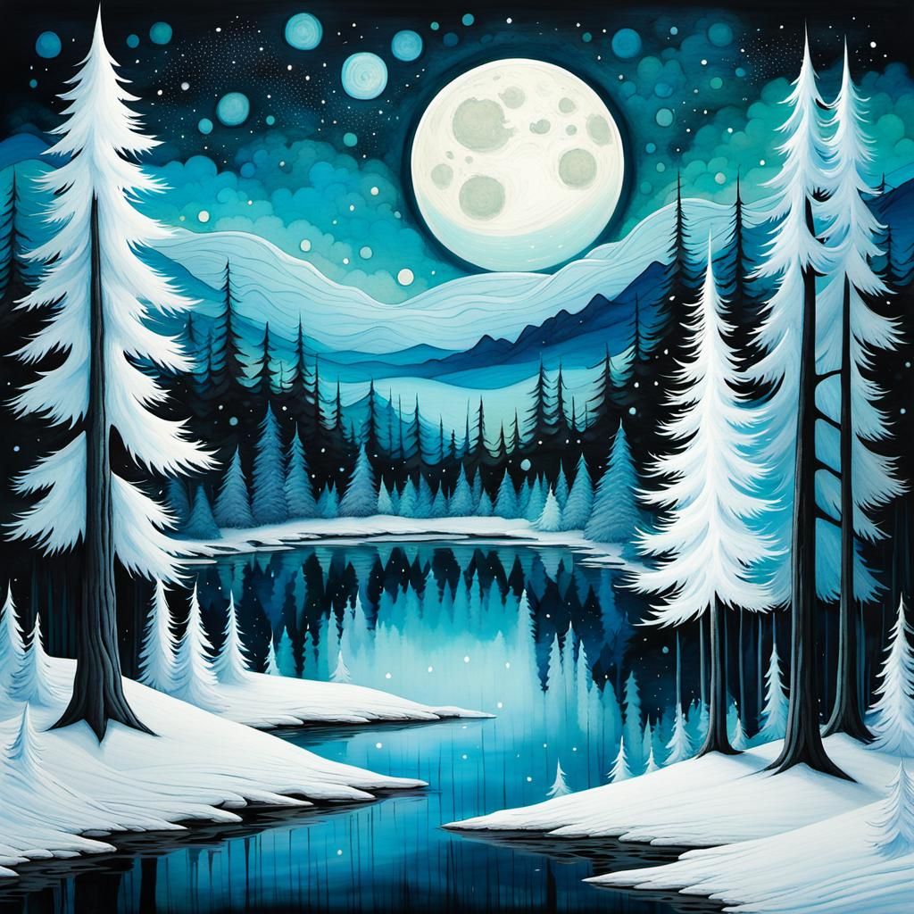 Winter Forest Reflecting Moon, Alcohol Ink Style