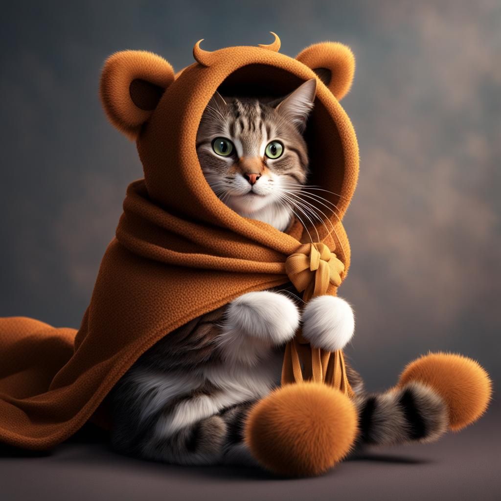 Cat in Teddy Bear Costume Eating Scarf
