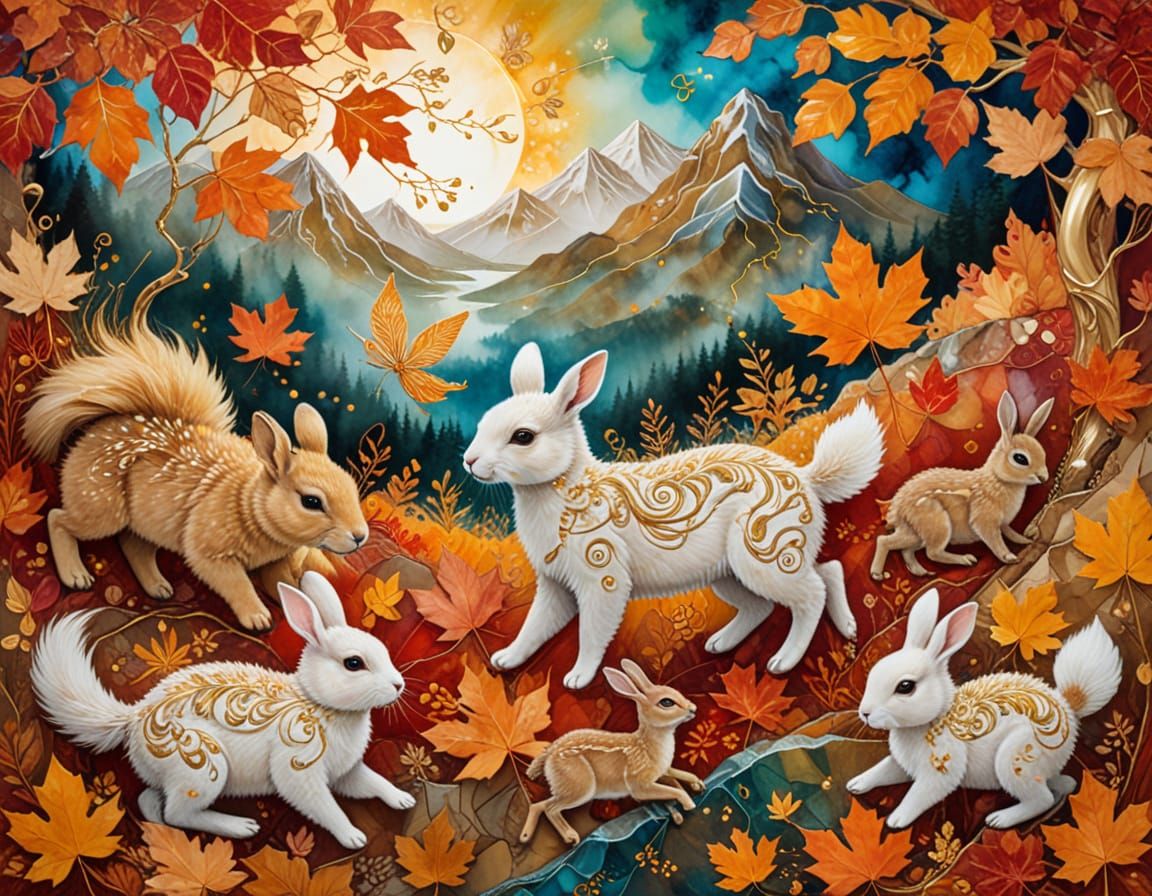 Cute Animals Frolicking in Autumn Leaves