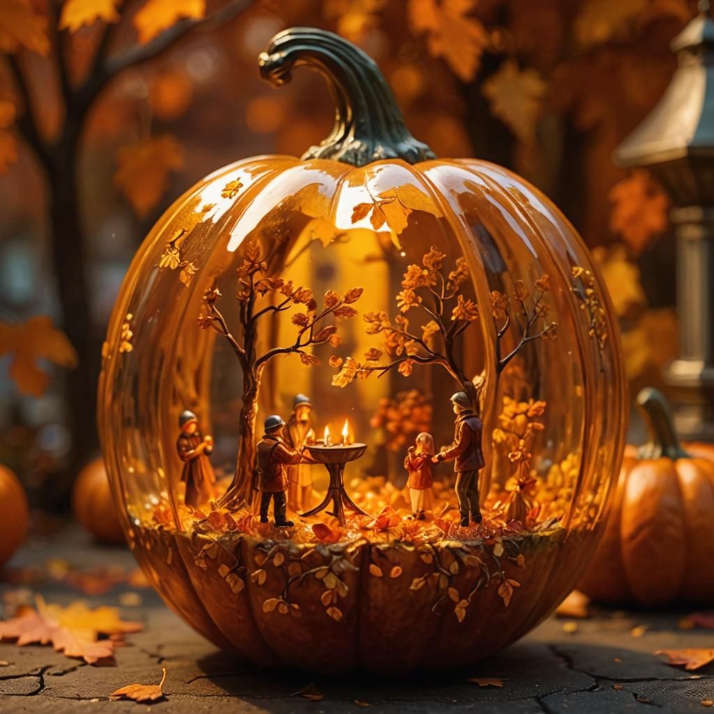 Autumn Figures in Glowing Pumpkin: Hyperrealistic Oil Painti...
