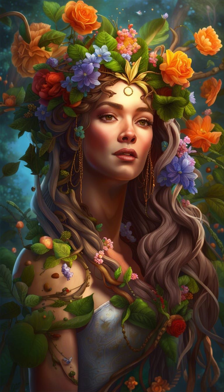 Detailed Earth Goddess with Flowers and Vines