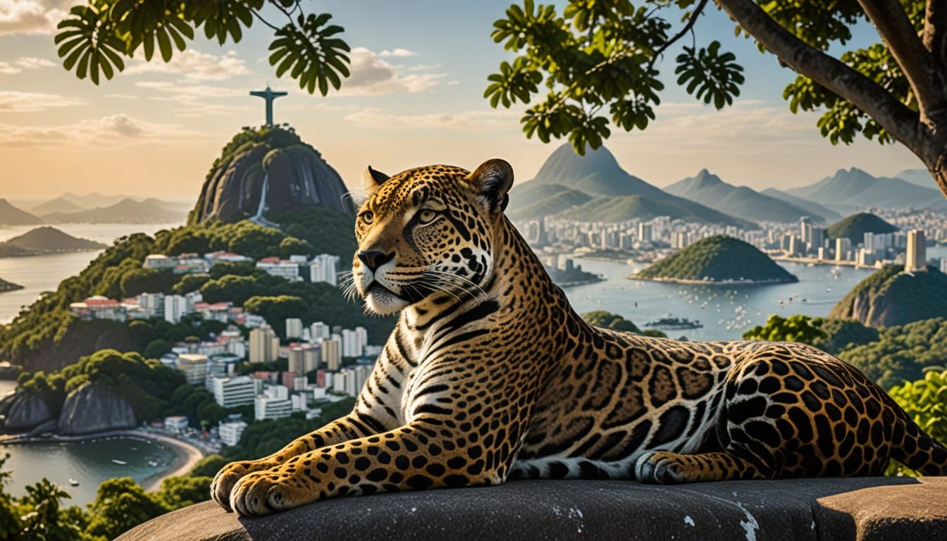 Majestic Golden Jaguar Rests by Christ the Redeemer in Rio