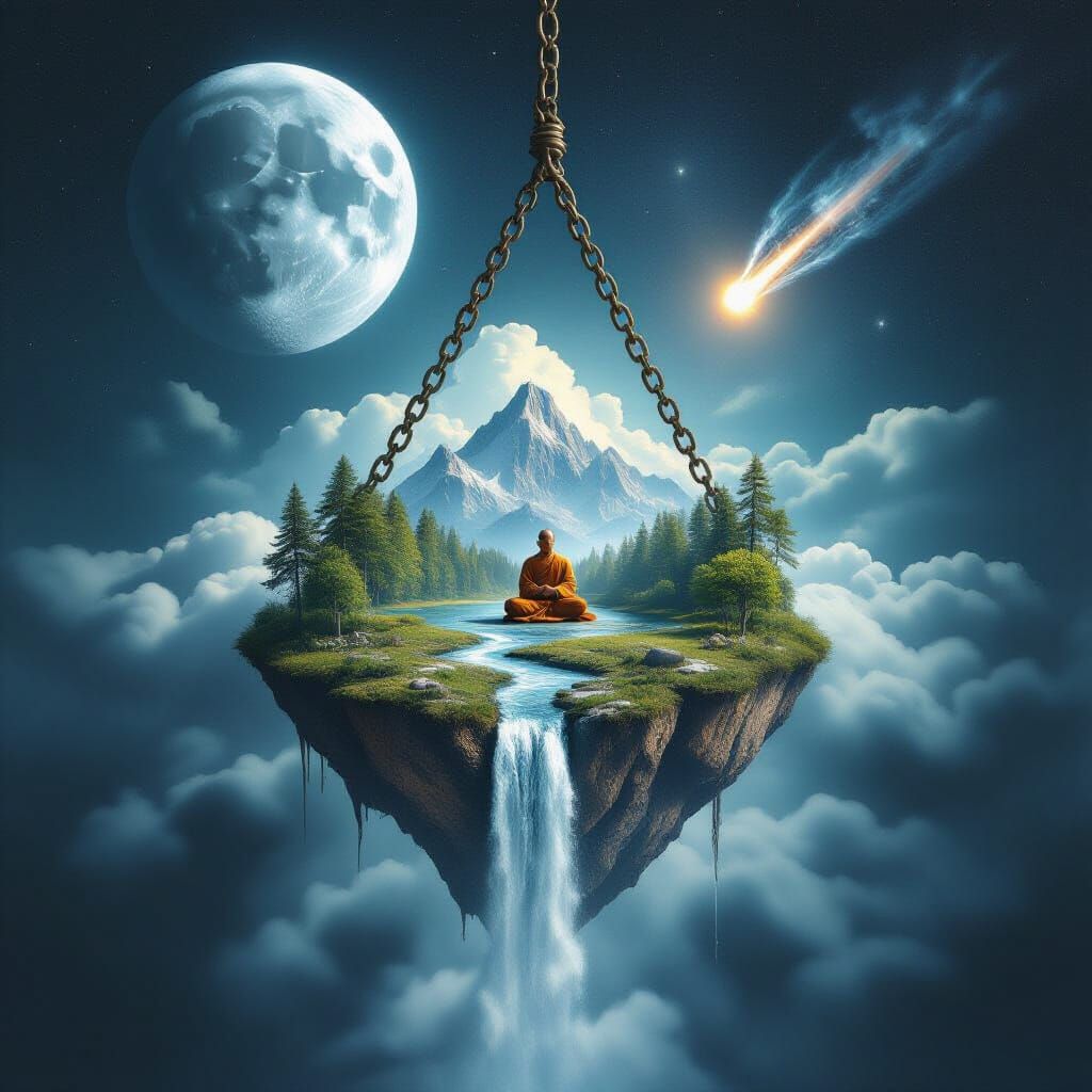 Surreal Island Suspended from Moon and Earth