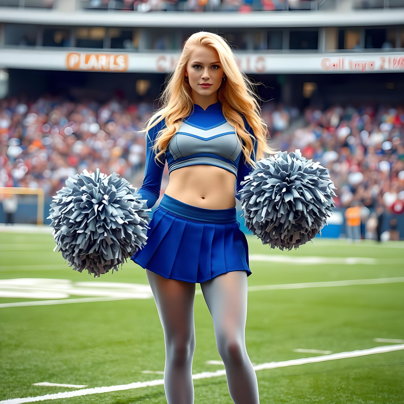 Blonde Cheerleader with Pom Poms on Sideline