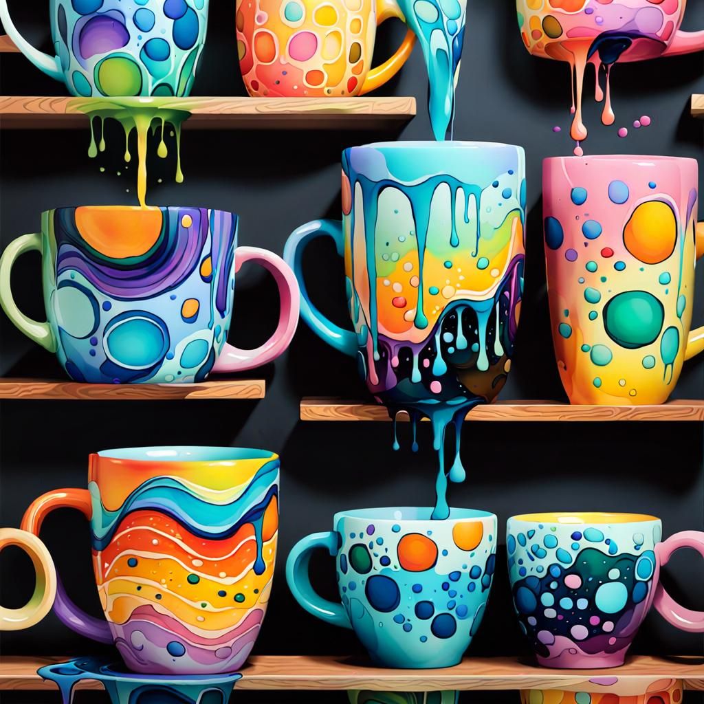 Colorful Mugs on Shelf in Acrylic Pouring Style