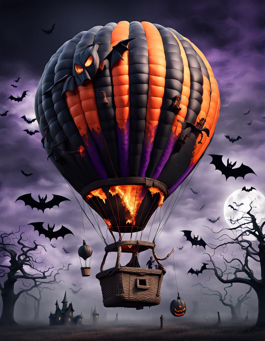 Halloween Hot Air Balloon in Surreal Horror Style