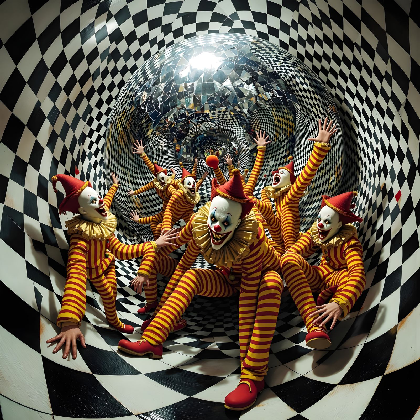 Surreal Funhouse Maze with Distorted Clowns and Mirrored Ill...