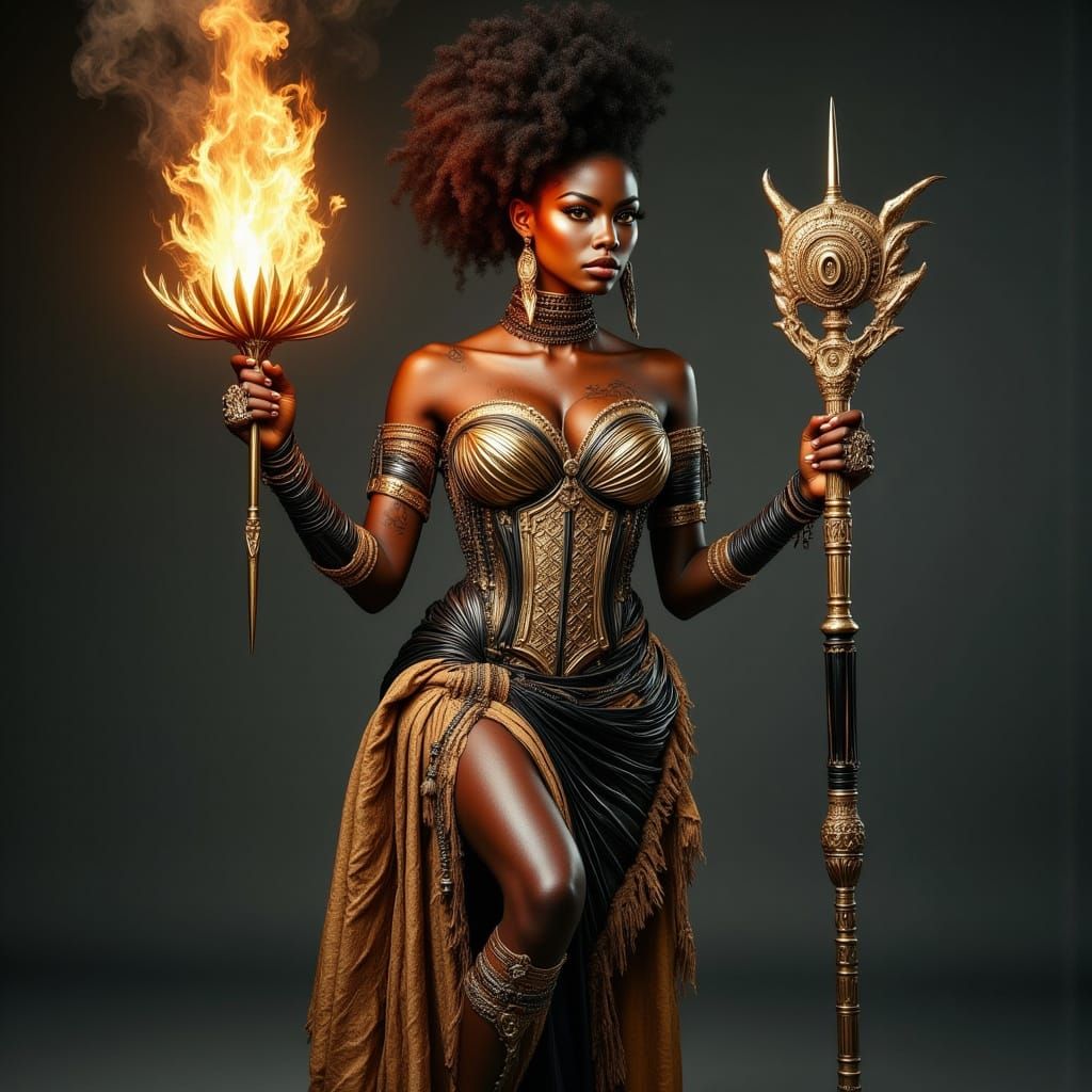Ebony Warrior in Ankara Corset, Armed with Steam-Powered Fla...