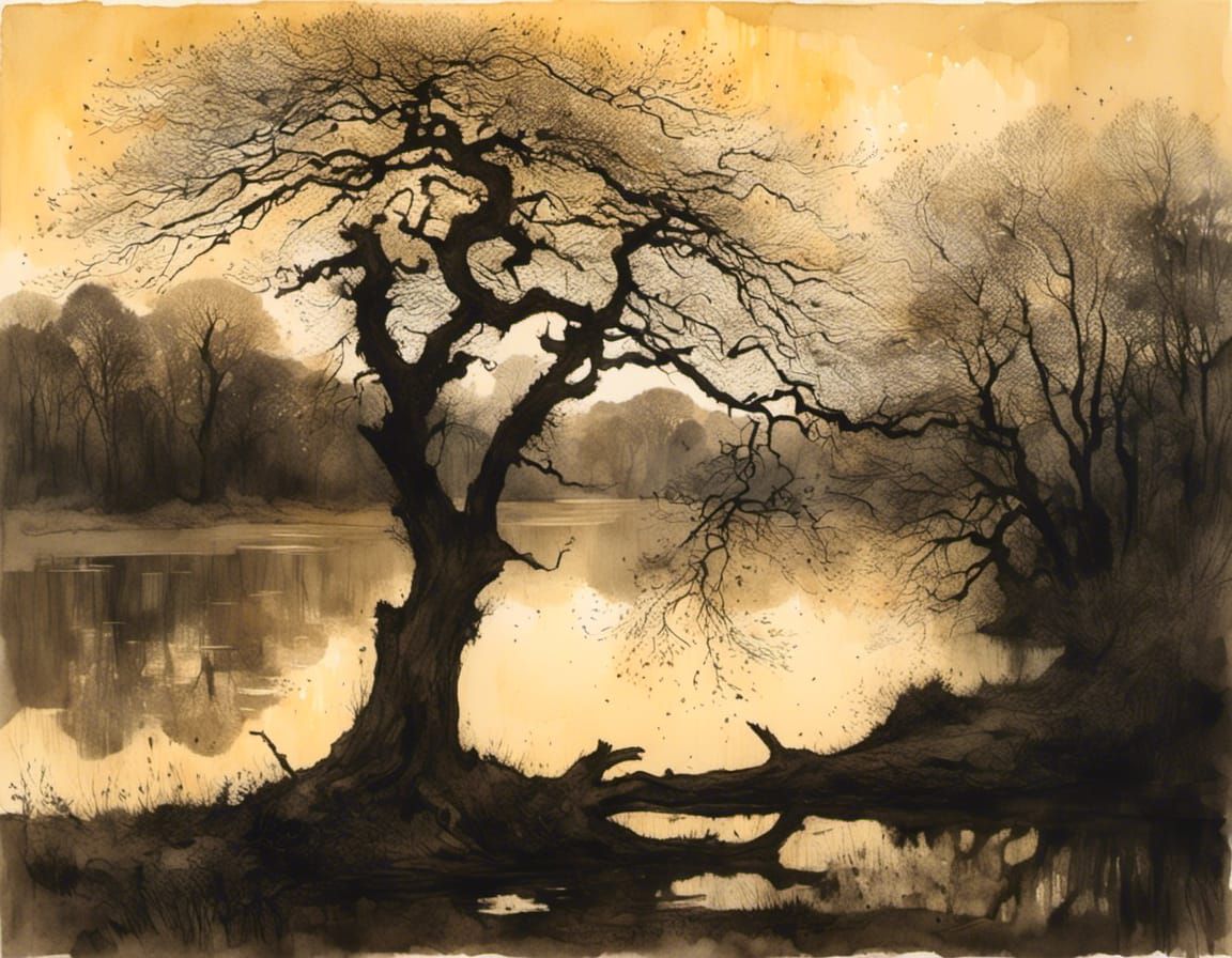 Dusk Landscape: Oak Tree Reflected, Etching and Aquatint