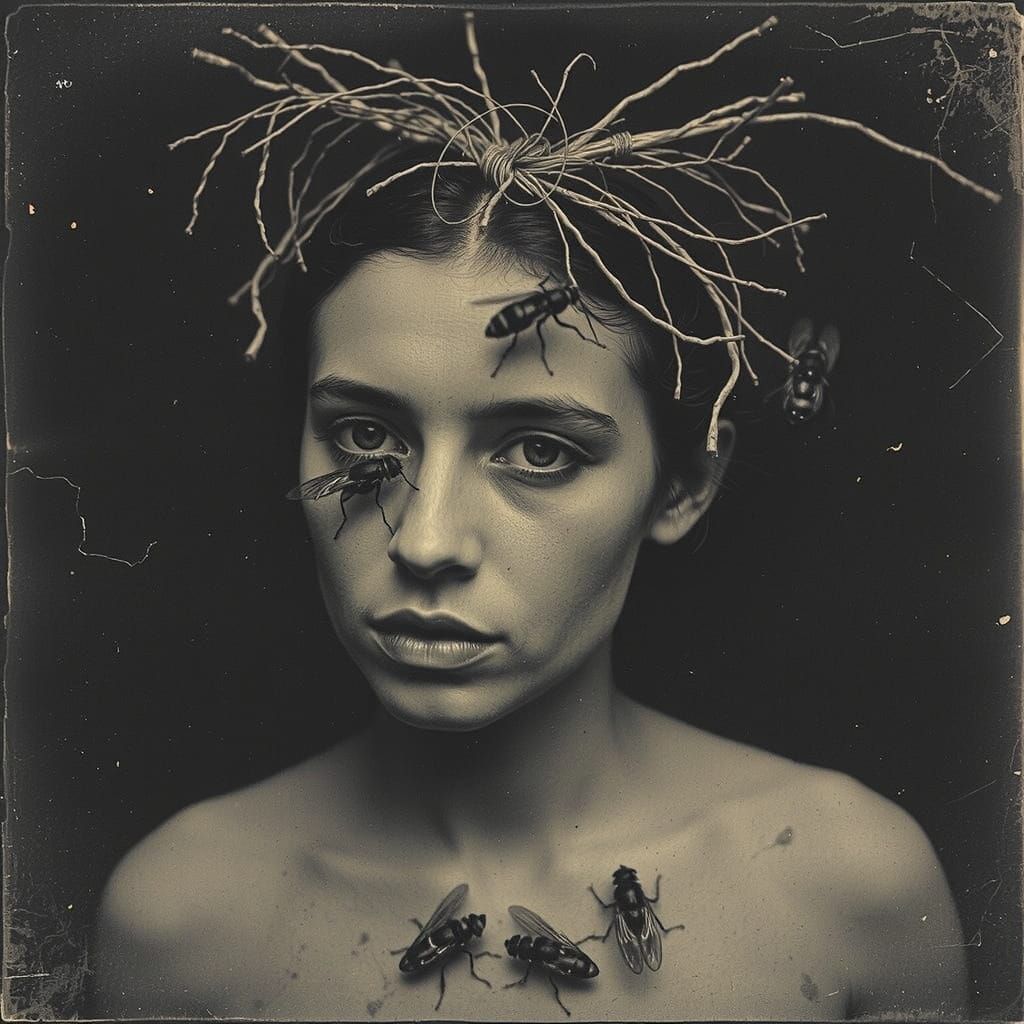 Vintage Still Life Flies on Meat and Vase