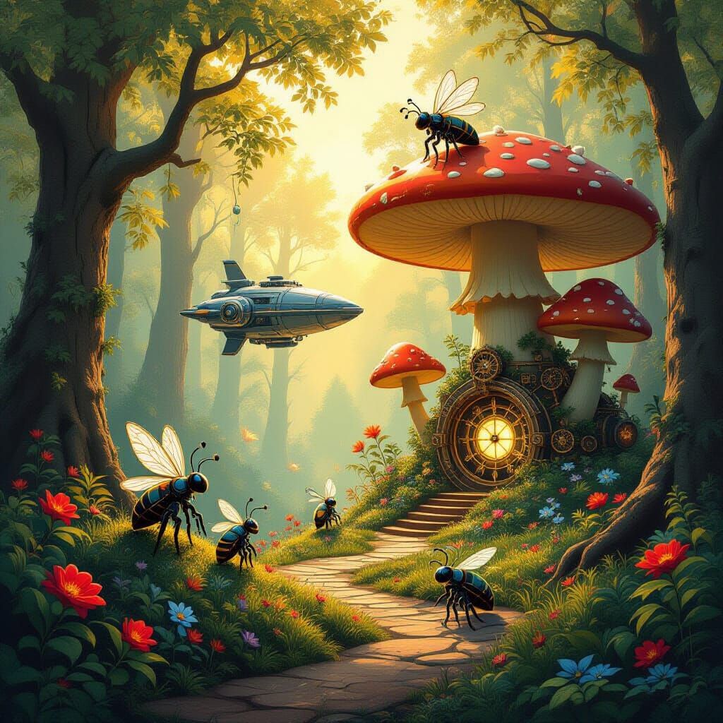 Whimsical Forest with Hidden Starship in Golden Hour