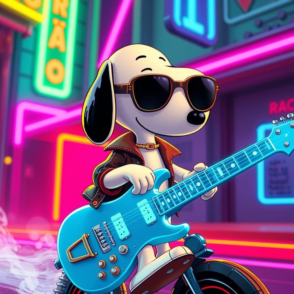 Snoopy Rides a Synthwave Guitar in Retro-Futuristic Scene