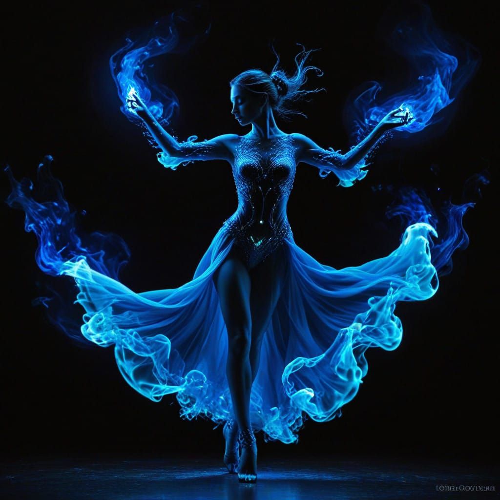 Surreal Dancer Enveloped by Electric Blue Flames