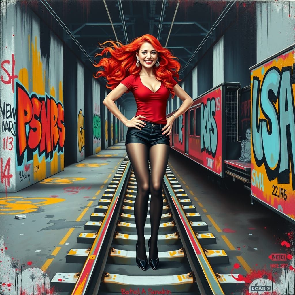 Red-Haired Woman on Train Tracks in Street Art Style